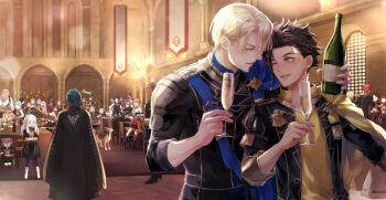 6+boys 6+girls animal annette_fantine_dominic arch arm_around_shoulder ashe_ubert banner bernadetta_von_varley black_cape black_jacket black_leggings black_skirt blonde_hair blue_cape blue_eyes blunt_bangs boots bottle brown_hair buttons cake candlestand cape caspar_von_bergliez cat chair champagne_flute closed_eyes collared_jacket commentary_request crew_neck cup dark-skinned_male dark_skin dedue_molinaro dog dorothea_arnault drinking_glass edelgard_von_hresvelg eye_contact felix_hugo_fraldarius ferdinand_von_aegir fire_emblem fire_emblem:_three_houses flayn_(fire_emblem) food garreg_mach_monastery_uniform green_eyes green_hair grey_hair hair_slicked_back hilda_valentine_goneril holding holding_cup holding_plate hubert_von_vestra ignatz_victor indoors ingrid_brandl_galatea jacket kneeling leggings leonie_pinelli long_hair long_sleeves looking_at_another looking_to_the_side lorenz_hellman_gloucester lysithea_von_ordelia male_byleth_(fire_emblem) male_focus marianne_von_edmund mercedes_von_martritz multiple_boys multiple_girls music musical_note nintendo one_eye_closed open_clothes open_jacket open_mouth orange_hair parted_bangs pink_hair plate purple_hair raphael_kirsten saku_(soreca49) school_uniform shirt short_hair side_cape sideways_glance singing skirt sleeve_cuffs standing sylvain_jose_gautier table teeth twintails under_table upper_teeth_only very_long_hair vest white_boots white_hair white_shirt wine_bottle yellow_cape yellow_shirt