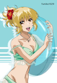 Rule 34 | 1girl, alternate hairstyle, bikini, blonde hair, breasts, buoy, cagalli yula athha, flower, frilled bikini, frills, fumiko (mesushi), green bikini, gundam, gundam seed, gundam seed freedom, hair flower, hair ornament, jewelry, looking at viewer, ring, short hair, smile, solo, swimsuit, yellow eyes