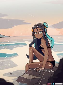 1girl artist_name bikini black_bikini black_hair character_name dark-skinned_female dark_skin earrings from_side hair_between_eyes highres hoop_earrings instant_loss jewelry keetydraws knee_up looking_at_viewer makeup nessa_(pokemon) nintendo ocean on_rock outdoors patreon_logo pokemon pokemon_swsh sitting solo swimsuit tumblr_logo twitter_logo
