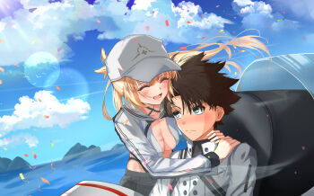 1boy 1girl artoria_caster_(fate) artoria_caster_(swimsuit_berserker)_(first_ascension)_(fate) artoria_pendragon_(fate) baseball_cap bikini black_hair blue_eyes blue_sky blush breasts cloud cloudy_sky commentary_request fate/grand_order fate_(series) floating_hair fujimaru_ritsuka_(male) fujimaru_ritsuka_(male)_(decisive_battle_chaldea_uniform) hat hug long_hair long_sleeves looking_at_another mamono5 medium_breasts navel open_mouth short_hair shrug_(clothing) sky smile sunlight swimsuit white_bikini white_hat white_shrug