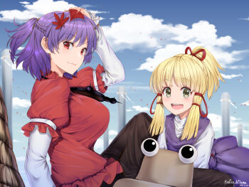 Rule 34 | 2girls, alternate hairstyle, arm up, arm warmers, artist name, black skirt, blonde hair, braid, breasts, brown hat, closed mouth, cloud, dated, day, green eyes, hair ornament, hair ribbon, hat, knee up, large breasts, leaf hair ornament, leaning forward, long hair, looking at viewer, mirror, mitama mudimudi, moriya suwako, multiple girls, onbashira, open mouth, outdoors, ponytail, puffy short sleeves, puffy sleeves, purple hair, purple skirt, purple vest, red eyes, red ribbon, red shirt, ribbon, rope, shide, shimenawa, shirt, short sleeves, sidelocks, sitting, skirt, skirt set, smile, touhou, tress ribbon, unworn headwear, vest, white shirt, yasaka kanako