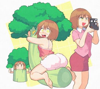 1girl ass back bare_shoulders barefoot blonde_hair blush blush_stickers broccoli camera camisole city_(arawi_keiichi) collared_shirt commentary feet flying_sweatdrops food food_costume from_behind highres holding holding_camera holding_food holding_vegetable inkerton-kun looking_ahead looking_at_viewer multiple_views niikura_(city) open_mouth pencil_skirt pink_camisole pink_shirt pink_skirt shirt short_hair shorts skirt smile sweat vegetable white_background white_shorts wide-eyed yellow_eyes |_|
