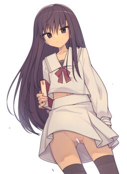1girl bar_censor black_hair black_thighhighs book censored closed_mouth collarbone commentary dot_nose everyntrge gluteal_fold hair_between_eyes highres holding holding_book long_hair long_sleeves looking_at_viewer midriff_peek navel no_panties original pussy sailor_collar school_uniform serafuku sidelocks simple_background skirt solo thighhighs white_background white_sailor_collar white_serafuku white_skirt wind