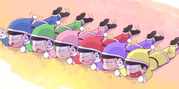 Rule 34 | > <, 10s, 6+boys, black hair, black legwear, blue hat, blue pants, blue shirt, blush, brothers, christmas, closed eyes, d:, gloves, green eyes, green hat, green headwear, green shirt, half-closed eyes, hat, heart, heart in mouth, lying, male focus, matsuno choromatsu, matsuno ichimatsu, matsuno jyushimatsu, matsuno karamatsu, matsuno osomatsu, matsuno todomatsu, motion lines, multiple boys, no shoes, on stomach, open mouth, osomatsu-kun, osomatsu-san, osomatsu (series), pants, pink hat, pink pants, pink shirt, purple eyes, purple pants, purple shirt, red hat, red pants, red shirt, sada (sadahalu), santa costume, santa hat, sextuplets, shirt, siblings, socks, wavy mouth, white gloves, yellow hat, yellow pants, yellow shirt