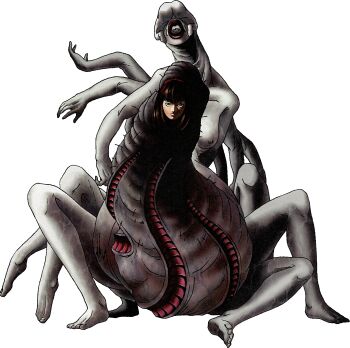 Rule 34 | absurdres, artist request, breasts, brown hair, demon (megami tensei), extra arms, extra legs, hair ribbon, highres, monster, nipples, official art, pandora (persona 1), persona, persona 1, red lips, red ribbon, ribbon, solo, sonomura maki, third-party source, transparent background