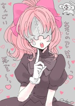 1girl aligula black_dress blindfold bow dot_nose dress facing_viewer gloves grey_background highres index_finger_raised kekkai_sensen long_hair makyuuu_(mmdy) monkey open_mouth pink_bow pink_hair ponytail puffy_short_sleeves puffy_sleeves short_sleeves signature sonic_speed_monkey translation_request upper_body white_gloves