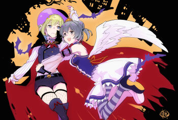 2girls :d absurdres arm_up arms_around_waist bare_shoulders black_shorts black_vest blue_eyes breasts cape cape_hold closed_mouth commentary_request danmachi_memoria_freese detached_sleeves dungeon_ni_deai_wo_motomeru_no_wa_machigatteiru_darou_ka elf feathered_wings green_hair grey_eyes grey_hair halloween halloween_costume hat highres medium_breasts momoyama_hinase multiple_girls official_alternate_costume open_mouth pantyhose pointy_ears purple_hat red_cape ryu_lion shirt short_hair short_shorts shorts signature small_breasts smile striped_clothes striped_pantyhose striped_shirt syr_flover tiara vest white_wings wings