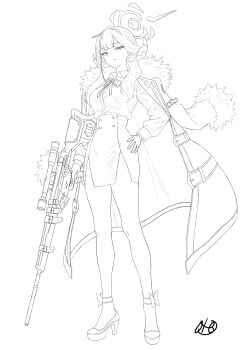 1girl aru_(blue_archive) blue_archive full_body greyscale gun long_hair looking_at_viewer looking_back monochrome oto_jampan solo weapon