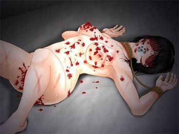 1girl ball_gag barefoot bdsm black_hair blindfold bondage bound bound_wrists breasts breasts_apart candle_wax completely_nude feet female_focus gag gagged lying navel nipples nose_hook nude on_back original rope saliva short_hair studios wax wax_on_body wax_on_breasts whip_marks