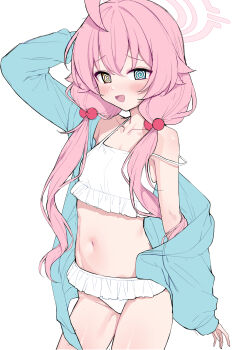 Rule 34 | 1girl, @ @, absurdres, bikini, blue archive, blue eyes, blue jacket, hair bobbles, hair ornament, halo, hashtag-only commentary, heterochromia, highres, hoshino (blue archive), hoshino (swimsuit) (blue archive), jacket, long hair, long sleeves, looking at viewer, low twintails, metaljelly, navel, official alternate costume, open clothes, open jacket, open mouth, pink hair, pink halo, simple background, solo, swimsuit, thighs, twintails, white background, white bikini, yellow eyes
