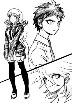 Rule 34 | 1girl, 2boys, absurdres, ahoge, animal bag, backpack, bag, cat bag, collared shirt, commentary request, danganronpa (series), danganronpa 2: goodbye despair, dress shirt, flipped hair, greyscale, hair between eyes, highres, hinata hajime, jacket, komaeda nagito, medium hair, messy hair, miniskirt, monochrome, multiple boys, nanami chiaki, necktie, open clothes, open jacket, pleated skirt, shirt, shoes, short hair, skirt, smile, standing, thighhighs, two-tone shirt, uranagi (uranaginasi), zettai ryouiki