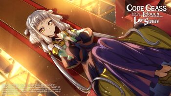 1girl bare_shoulders blunt_bangs chair child chinese_clothes closed_mouth code_geass code_geass:_lost_stories commentary commentary_request dress dutch_angle english_commentary f4samurai full_body game_cg hair_tubes hands_up highres holding_own_wrist indoors legs_together light_particles long_hair long_sleeves looking_at_viewer multicolored_dress nervous official_art on_chair orange_eyes raised_eyebrows shaka_sign shoes sidelocks sitting sitting_on_throne solo sunlight sunset tassel throne tianzi two_side_up very_long_hair white_hair window yellow_shoes