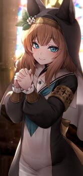 1girl absurdres animal_ear_headwear black_headwear blue_archive blue_eyes blush bow bow_panties church doyoon_7 dress fake_animal_ears flower habit hair_between_eyes hair_flower hair_ornament hands_up highres indoors interlocked_fingers long_hair looking_at_viewer mari_(blue_archive) mosaic_art mosaic_pattern nun orange_hair own_hands_together panties praying see-through_clothes see-through_dress smile solo standing underwear white_flower white_panties