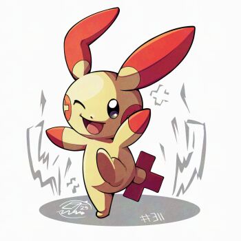 full_body gen_3_pokemon looking_at_viewer mistray-art nintendo no_humans one_eye_closed open_mouth plusle pokemon pokemon_(creature) red_fur signature simple_background solo tail two-tone_fur white_background yellow_fur