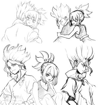 1boy 1girl breasts brother_and_sister closed_eyes closed_mouth dr._stone greyscale hands_on_own_hips highres hug hug_from_behind ishigami_senkuu jewelry kohaku_(dr._stone) looking_at_viewer medium_breasts monochrome multiple_views ninomae_gin open_mouth ponytail profile shirt siblings sidelocks sketch sleeveless smile spiked_hair tank_top white_background