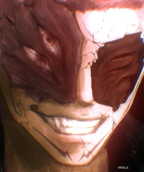 Rule 34 | 1boy, cracked kawaii mask, cracked mask, extra eyes, facial tattoo, grin, highres, jujutsu kaisen, male focus, mummy, pink hair, portrait, ryoumen sukuna (jujutsu kaisen), ryoumen sukuna (true form) (jujutsu kaisen), ryoza za, short hair, smile, solo, tattoo, twitter username