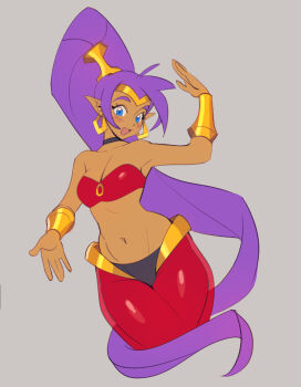 Rule 34 | 1girl, arabian clothes, big hair, blue eyes, breasts, dark-skinned female, dark skin, earrings, harem pants, highres, hoop earrings, jewelry, long hair, looking at viewer, medium breasts, o-ring, o-ring top, pants, pointy ears, ponytail, purple hair, shantae, shantae (series), shy-shortcake, very long hair