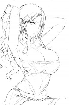 1girl armpits arms_behind_head arms_up bandeau bare_shoulders breasts cleavage clothes_writing collarbone covered_navel dorothea_arnault dorothea_arnault_(timeskip) earrings fire_emblem fire_emblem:_three_houses highleg highleg_leotard j@ck jewelry large_breasts leotard long_hair looking_at_viewer mouth_hold nintendo parted_bangs simple_background skirt sweat thighhighs thighs tying_hair white_background
