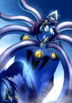 Rule 34 | 2girls, absurdres, ahegao, blue eyes, blue hair, blue skin, blush, bracelet, breasts, calamaramon, cleavage, colored skin, commentary request, commission, covered erect nipples, covered mouth, digimon, digimon (creature), fingernails, gold bracelet, gold collar, grey helmet, hair between eyes, helmet, highres, jewelry, koutei teki, large breasts, long fingernails, long hair, mask, monster girl, mouth mask, multiple girls, navel, ninja mask, open mouth, pointy ears, purple hair, purple mask, red eyes, saliva, scylla, shutumon, sidelocks, skeb commission, solo focus, sweat, tentacles, tongue, tongue out