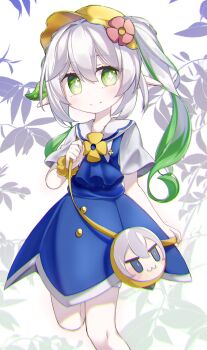 1girl blue_dress blush breasts dress flower genshin_impact gradient_hair green_eyes green_hair hair_flower hair_ornament highres kindergarten_uniform long_hair looking_at_viewer multicolored_hair nahida_(genshin_impact) pointy_ears sailor_collar shirt short_sleeves side_ponytail sidelocks small_breasts symbol-shaped_pupils thighs white_hair white_sailor_collar white_shirt yubeshi_(zecxl)