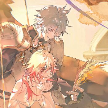 Rule 34 | 2boys, aged down, antenna hair, armor, black choker, black gloves, black shirt, blonde hair, blue eyes, braid, breastplate, chinese commentary, choker, commentary request, facial tattoo, fingerless gloves, gloves, gradient hair, hair between eyes, head rest, holding wheat, honkai: star rail, honkai (series), huuuhjjj, long hair, long sleeves, male focus, multicolored hair, multiple boys, mydei (honkai: star rail), parted bangs, pauldrons, phainon (honkai: star rail), puffy long sleeves, puffy sleeves, red hair, red tattoo, shirt, short hair, shoulder armor, side braid, single pauldron, tattoo, white hair, white shirt, yellow eyes