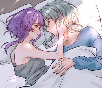 2girls bang_dream! bang_dream!_it&#039;s_mygo!!!!! black_nails blue_sweater blush chinese_commentary closed_eyes commentary_request green_hair grey_hair hero45439083942 highres lying medium_hair multiple_girls nail_polish on_side open_mouth original pillow purple_hair sweater takamatsu_shizuku under_covers wakaba_muna yellow_eyes yuri