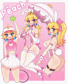 Rule 34 | :o, ahoge, animal ears, arm up, ass, back, backless outfit, ball, ball earrings, bare arms, bare hips, bare shoulders, black choker, blonde hair, blue eyes, breasts, brooch, choker, cleavage, cleavage cutout, clothing cutout, covered navel, crop top, cross-laced clothes, cross-laced leotard, crown, crystalsugarstars, cutout above navel, detached collar, dithered background, elbow gloves, from behind, gloves, grin, hair between eyes, heart cutout, high heels, highleg, highleg leotard, highres, jewelry, large breasts, leotard, lipstick, long hair, looking at viewer, looking back, makeup, mario (series), midriff, mini crown, miniskirt, multiple views, nintendo, pink leotard, pink shirt, playboy bunny, pleated skirt, ponytail, princess peach, rabbit ears, rabbit tail, racket, shirt, sideboob, sideless outfit, skindentation, skirt, sleeveless, sleeveless shirt, smile, strapless, strapless leotard, tail, tennis ball, tennis racket, thick thighs, thigh strap, thighhighs, thighs, thong leotard, visor cap, white gloves, white leotard, white thighhighs, wide hips