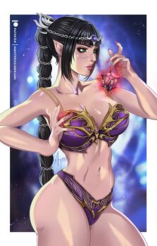 1girl absurdres baldur&#039;s_gate baldur&#039;s_gate_3 bikini black_hair body_freckles braid breasts closed_mouth cowboy_shot diadem eyeshadow freckles from_side green_eyes hair_over_shoulder highres long_hair looking_at_another looking_to_the_side magical_girl makeup medium_breasts plunging_neckline serious shadowheart_(baldur&#039;s_gate) shot sidelocks simple_background solo spell standing swimsuit thick_eyebrows