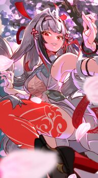 1girl armlet armpits bare_shoulders black_hair black_shoes blurry blurry_foreground breasts cherry_blossoms china_dress chinese_clothes clover clover_hair_ornament commentary_request dress droopy_ears falling_petals grin hair_ornament hairband hands_up harukimatsui_25 highres jewelry leg_tattoo leg_up long_hair looking_at_viewer medium_breasts metal_bracelet multicolored_hair petals red_eyes red_hair red_ribbon ribbon see-through_clothes shoes silver_armlet smile solo tattoo transformation white_hair white_hairband white_tail ye_shunguang zenless_zone_zero