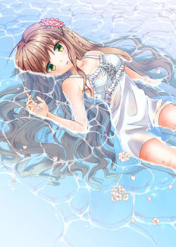1girl ahoge alternate_costume arm_at_side braid breasts brown_hair cleavage collarbone commentary_request cowboy_shot dress flower flower_on_liquid frilled_dress frills green_eyes hair_between_eyes hair_flower hair_ornament hair_spread_out hand_up kanbe_kotori kurage_(kurage19) long_hair looking_at_viewer lying medium_breasts on_back parted_lips pink_flower rewrite short_dress sleeveless sleeveless_dress solo sundress twin_braids very_long_hair water wet wet_clothes wet_dress white_dress