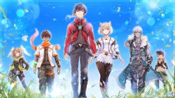 3boys 3girls animal_ears aqua_coat artist_name bare_shoulders black-framed_eyewear black_bodysuit black_hair black_jacket black_pantyhose black_sports_bra blue_eyes blue_hair blue_sky bob_cut bodysuit brown_hair camisole cat_ears cat_girl chest_jewel chinese_knot closed_mouth coat colored_skin commentary_request covered_navel eunie_(xenoblade) falling_leaves feathered_wings glasses grass grey_hair grey_skin hand_on_own_hip hand_on_own_neck head_wings highres jacket lanz_(xenoblade) leaf lens_flare long_sleeves medium_hair midriff midriff_peek mio_(xenoblade) multicolored_hair multiple_boys multiple_girls navel noah_(xenoblade) open_clothes open_jacket orange_scarf pantyhose ponytail red_jacket scarf sena_(xenoblade) side_ponytail skirt sky sports_bra streaked_hair taion_(xenoblade) twitter_username ui_frara walking white_camisole white_jacket white_skirt white_wings wings xenoblade_chronicles_(series) xenoblade_chronicles_3 yellow_eyes