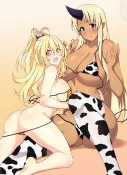 2girls animal_print antenna_hair arched_back ass barefoot bikini bikini_pull black_horns blush breasts butt_crack clothes_pull collarbone commentary cow_print crossover dark-skinned_female dark_skin dot_nose english_commentary feet floating_hair foreshortening gradient_background hand_on_another&#039;s_waist hands_up high_ponytail highres horns huge_breasts knee_up lindaroze long_hair looking_at_viewer looking_back micro_bikini monster_girl monster_musume_no_iru_nichijou multiple_girls neptune_(series) open_mouth paid_reward_available parted_lips pointy_ears ponytail red_eyes single_horn sitting size_difference soles straight_hair swimsuit tall_female thighhighs thighs tionishia twitter_username underboob untied_bikini wardrobe_malfunction watermark web_address white_bikini white_thighhighs yellow_bikini yellow_eyes yellow_heart_(neptunia)