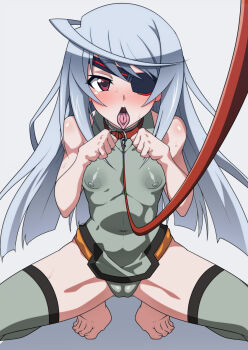 1girl adama0s0284 ahoge bdsm belt_collar blush cameltoe clenched_hands collar commission covered_erect_nipples eyepatch female_focus flat_chest grey_hair grey_leotard hands_up huge_ahoge infinite_stratos laura_bodewig leash leotard loli long_hair looking_at_viewer open_mouth paw_pose pixiv_commission red_eyes saliva shiny_skin simple_background skin_tight slave solo spread_legs squatting teeth thighhighs tongue tongue_out upper_teeth_only