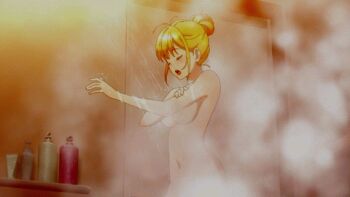 1girl animated animated_gif bath bathing bathroom blonde_hair breasts closed_eyes completely_nude convenient_censoring groin hair_bun large_breasts lowres navel nude paripi_koumei sidelocks single_hair_bun steam steam_censor stomach thighs tsukimi_eiko water wet