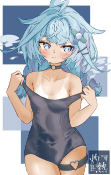 Rule 34 | 1girl, ahoge, alternate costume, artist name, averting eyes, blue eyes, blue hair, blue one-piece swimsuit, blush, boboboburning, braid, choker, closed mouth, clothes pull, commentary, covered navel, cowboy shot, double-parted bangs, hair flaps, hair intakes, hair ornament, hairclip, hands up, heart, heart o-ring, highres, hololive, hololive dev is, lightning ahoge, low twin braids, medium hair, mizumiya su, multicolored hair, new school swimsuit, o-ring, o-ring choker, o-ring thigh strap, one-piece swimsuit, one-piece swimsuit pull, parallel hairclips, pink streaks, presenting tanlines, school swimsuit, solo, streaked hair, sweat, swimsuit, tan, tanline, tanline peek, tanlines, thigh strap, twin braids, two-tone hair, virtual youtuber, x hair ornament