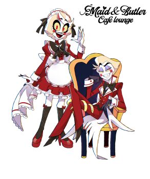 1boy 1girl absurdres apron black_bow black_nails black_ribbon black_shoes blonde_hair bow butler chair chandllucky charlie_morningstar circle_facial_mark colored_sclera colored_skin dress fangs father_and_daughter hair_ribbon hand_up hazbin_hotel hellaverse high_heels highres jacket juliet_sleeves kneehighs long_sleeves looking_at_viewer lucifer_morningstar_(hazbin_hotel) maid maid_apron maid_headdress on_chair pants puffy_sleeves red_dress red_eyes red_jacket red_pants red_shoes ribbon sharp_teeth shoes short_hair sitting smile snake socks teeth transparent_background white_apron white_skin yellow_sclera