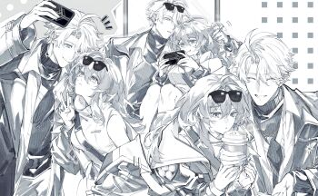 1boy 1girl absurdres antenna_hair borrowed_accessory breasts cellphone closed_eyes closed_mouth commentary commission couple cup disposable_coffee_cup disposable_cup dress english_commentary eyewear_on_head greyscale grin hair_between_eyes hand_in_another&#039;s_hair hetero highres holding holding_cup holding_phone honkai:_star_rail honkai_(series) jacket jewelry long_hair long_sleeves looking_at_another looking_up medium_breasts meet_(winterlemon23) monochrome multiple_views necklace official_alternate_costume open_clothes open_jacket open_shirt parted_lips phainon_(honkai:_star_rail) phainon_(luckin_coffee)_(honkai:_star_rail) phone second-party_source short_hair single_off_shoulder smartphone smile stelle_(honkai:_star_rail) stelle_(world_tour_2023)_(honkai:_star_rail) sunglasses sweater taking_picture tongue tongue_out trailblazer_(honkai:_star_rail) turtleneck turtleneck_sweater v vgen_commission