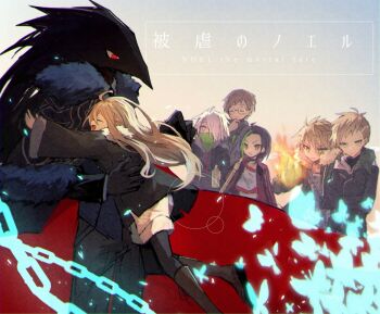 2girls 5boys aerosol agatha_flattz animal_head anti-eyebrow_piercing bandana bandana_over_mouth bird_boy black_hair black_skin black_suit blonde_hair brothers brown_hair burn_scar caron_(higyaku_no_noel) colored_skin crowbar dark-skinned_female dark_skin demon_boy eyepatch face_piercing formal_clothes fugo_dressel glasses hair_over_one_eye higyaku_no_noel holding holding_crowbar hood hug jacket lauro_maestri long_hair multicolored_hair multiple_boys multiple_girls noel_cerquetti oscar_dressel piercing scar scar_on_face short_hair siblings smile spray_can suit yuuta_roo zoe_taska