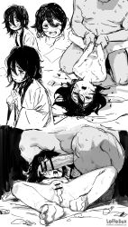 1boy 1girl absurdres after_vaginal aftersex blush condom condom_wrapper cum cum_in_pussy cumdrip flat_chest grabbing_another&#039;s_arm greyscale hetero highres kyomoto_(look_back) loffo loli look_back_(manga) lying missionary monochrome multiple_views nude on_back open_mouth penis sequential sex sketch spread_legs tongue tongue_out trembling used_condom