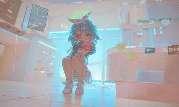 1girl :q absurdres arona_(blue_archive) blue_archive blue_eyes blue_panties blue_shirt bow cameltoe closed_mouth commentary drink_carton green_halo hair_bow hair_over_one_eye hairband halo highres holding holding_milk_carton hsch loli long_sleeves looking_at_viewer medium_hair milk_carton miniskirt panties pleated_skirt puffy_long_sleeves puffy_sleeves sailor_collar sailor_shirt school_uniform serafuku shirt shoes skirt sneakers solo squatting striped_clothes striped_panties tongue tongue_out underwear white_bow white_hairband white_sailor_collar white_shoes white_skirt