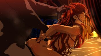 1boy 1girl age_difference arm_held_back arms_behind_back bent_over breasts completely_nude cowboy_shot dark-skinned_male dark_skin eris_greyrat from_side grabbing_another's_arm grabbing_another's_hair hair_over_eyes hetero holding_another's_hair indoors interracial kneeling kou_(spad7u59) loli long_hair messy_hair moaning mushoku_tensei night nipples nude open_mouth rape red_hair restrained sex sex_from_behind size_difference small_breasts solo_focus vaginal window