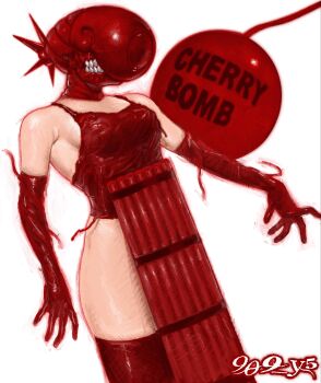 909_y5 alternate_color apron artist_name bomb_devil_(chainsaw_man) breasts chainsaw_man dynamite elbow_gloves explosive gloves hashtag-only_commentary highres object_head red_apron red_gloves red_thighhighs simple_background small_breasts teeth thighhighs white_background