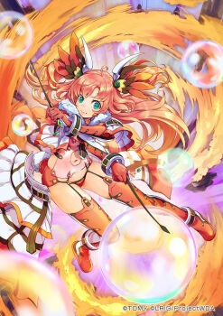 1girl ahoge aqua_eyes boots bubble capelet closed_mouth copyright_notice elbow_gloves fire fur-trimmed_capelet fur_trim gloves hair_ornament head_wings holding holding_weapon long_hair navel official_art panties pink_gloves pink_hair pink_panties red_wings solo tawil_(wixoss) thigh_boots toshi_punk underwear weapon wings wixoss