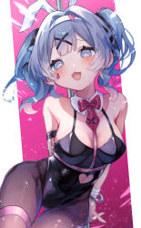 Rule 34 | 1girl, absurdres, animal ears, black leotard, blue eyes, blue hair, blush, bound, bound wrists, breasts, commentary, cuffs, fake animal ears, hair ornament, handcuffs, hatsune miku, heart, heart-shaped pupils, highres, kuromu (96-94), kuromu (krm 94xxx), leotard, looking at viewer, medium breasts, open mouth, pantyhose, playboy bunny, rabbit ears, rabbit hole (vocaloid), smile, solo, symbol-shaped pupils, teardrop facial mark, thigh gap, thigh strap, twintails, vocaloid, x hair ornament