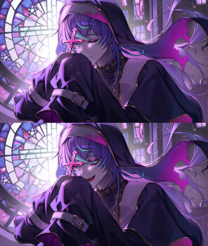 1boy absurdres alternate_costume blue_eyes blue_hair closed_eyes coif commentary cross crossdressing eyeshadow hat highres holding holding_cross hoshirube_sho long_hair looking_at_viewer makeup male_focus multicolored_hair multiple_views nijisanji nun open_mouth pora_0918 purple_eyeshadow purple_hair sleeve_belt sleeves_past_fingers sleeves_past_wrists smile stained_glass streaked_hair symbol-only_commentary torn_clothes torn_hat traditional_nun upper_body virtual_youtuber wimple