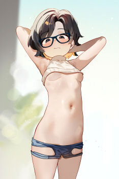 1girl armpits arms_behind_head arms_up black-framed_eyewear black_eyes black_hair blue_shorts blush breasts closed_mouth clothes_lift clothes_pull clothing_cutout cowboy_shot crop_top glasses highres hip_vent kani_fish loli looking_at_viewer midriff multicolored_hair navel original short_hair short_shorts shorts sleeveless sleeveless_turtleneck small_breasts solo standing sweater thighs turtleneck turtleneck_sweater two-tone_hair underboob