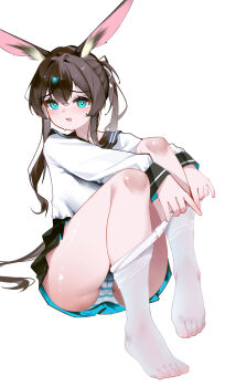 1girl 2025 absurdres alternate_costume amiya_(arknights) animal_ear_fluff animal_ears aqua_eyes aqua_panties aqua_skirt arknights ass black_sailor_collar black_skirt blue_eyes blush brown_hair cameltoe clothes_pull feet full_body hair_between_eyes highres knees long_hair long_sidelocks long_sleeves looking_at_viewer multicolored_panties multicolored_skirt no_shoes open_mouth panties pantyhose pantyhose_pull rabbit_ears rabbit_girl removing_legwear sailor_collar shenmi_de_xigua shirt sidelocks simple_background sitting skirt smile solo striped_clothes striped_panties sweatdrop thighs toes two-tone_panties two-tone_skirt underwear white_background white_panties white_pantyhose white_shirt