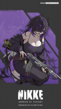 1girl bags_under_eyes belt belt_buckle black-framed_eyewear black_dress book breasts brown_belt buckle cleavage colored_inner_hair commentary dress english_commentary goddess_of_victory:_nikke gun highres holding label_(nikke) large_breasts long_hair multicolored_hair official_art purple_eyes purple_hair sleeveless sleeveless_dress solo squatting weapon