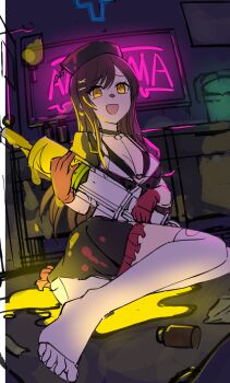 1girl :d absurdres backlighting black_bra black_choker black_dress bra breasts choker cleavage collarbone commentary_request dress earrings empty_eyes gloves glowing_liquid hair_ornament hairclip halloween halloween_costume hat highres holding holding_syringe idolmaster idolmaster_shiny_colors jewelry kurageso large_syringe long_hair looking_at_viewer medium_breasts neon_lights neon_palette night no_shoes nurse nurse_cap official_alternate_costume open_mouth osaki_amana oversized_object puffy_short_sleeves puffy_sleeves red_gloves red_hair short_sleeves sign sitting smile solo swept_bangs syringe thighhighs underwear unfinished white_thighhighs yellow_eyes yokozuwari