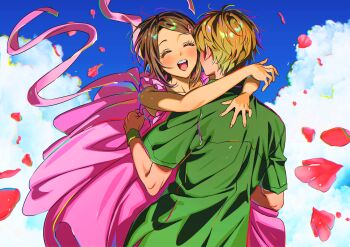 Rule 34 | 1boy, 1girl, blonde hair, blush, brown hair, closed eyes, couple, cowboy shot, digimon, digimon adventure 02, dress, green shirt, hetero, highres, hug, ojing oppa (o b s 00), open mouth, petals, pink dress, shirt, takaishi takeru, teeth, upper teeth only, yagami hikari